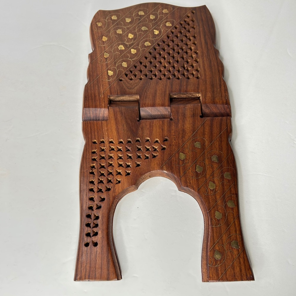 Vintage Hand Carved Wooden Folding Book Stand Rehal Brass Inlay 15 Inch Brown - Picture 2 of 6